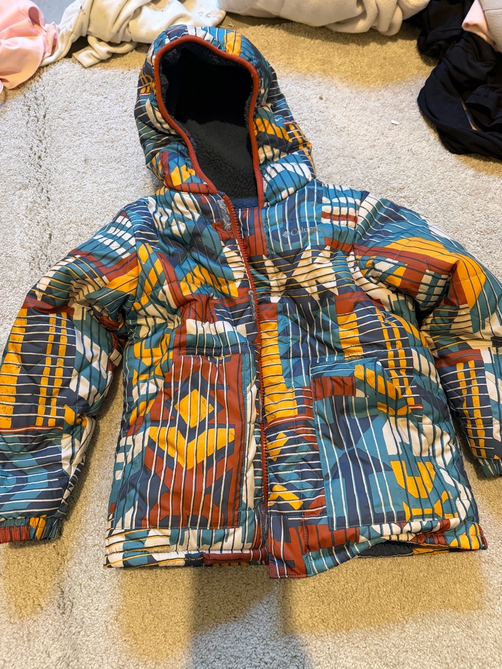 Columbia Kids Blue Teal Rust & Yellow Geo-Print Puffer Jacket with Hood